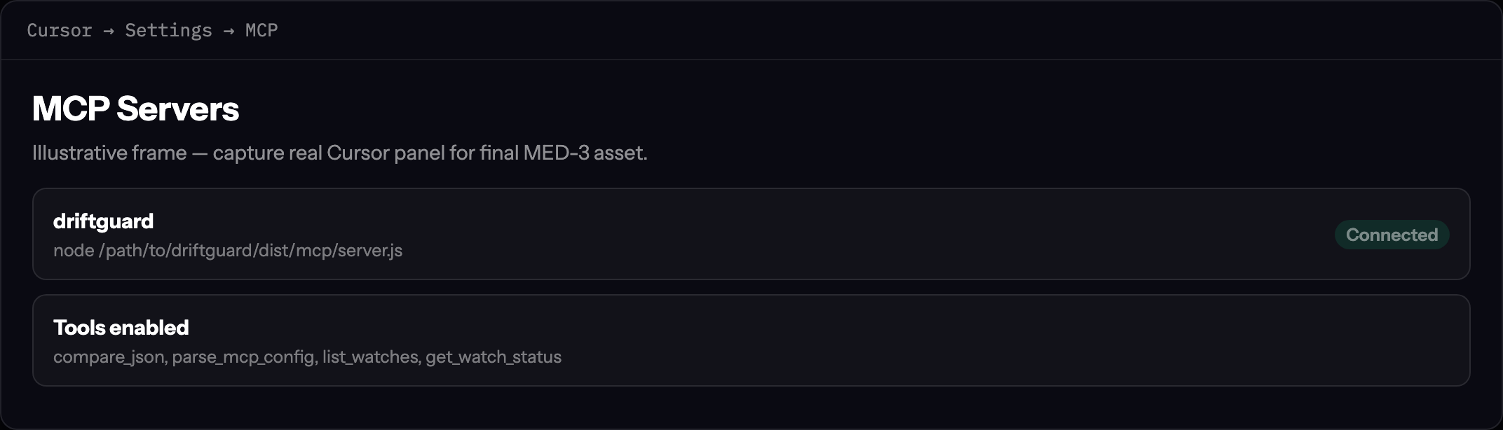 Illustrative Cursor MCP settings panel with driftguard server connected