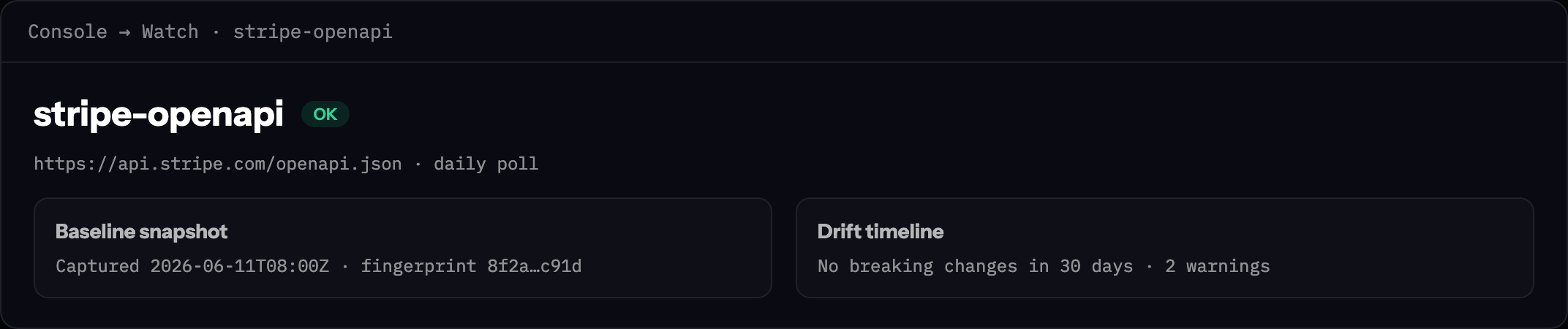 Watch detail panel with OK status and baseline snapshot
